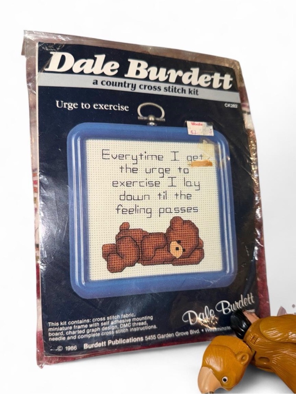 VTG Dale Burdett Cross Stitch Kit CK282 Urge to Exercise Teddy Bear 1986 Frame